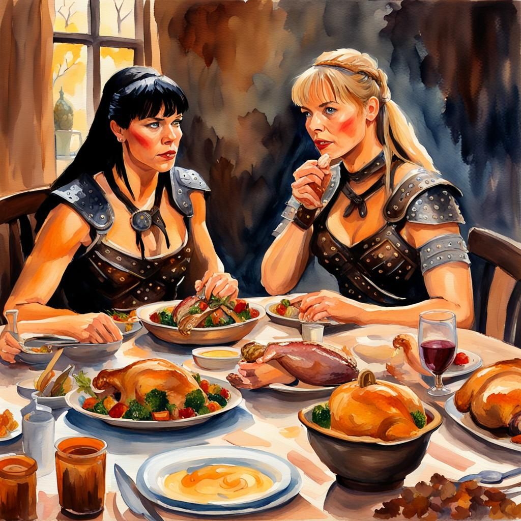 Xena and Gabrielle's Thanksgiving: Gouache Impressionist Pai...