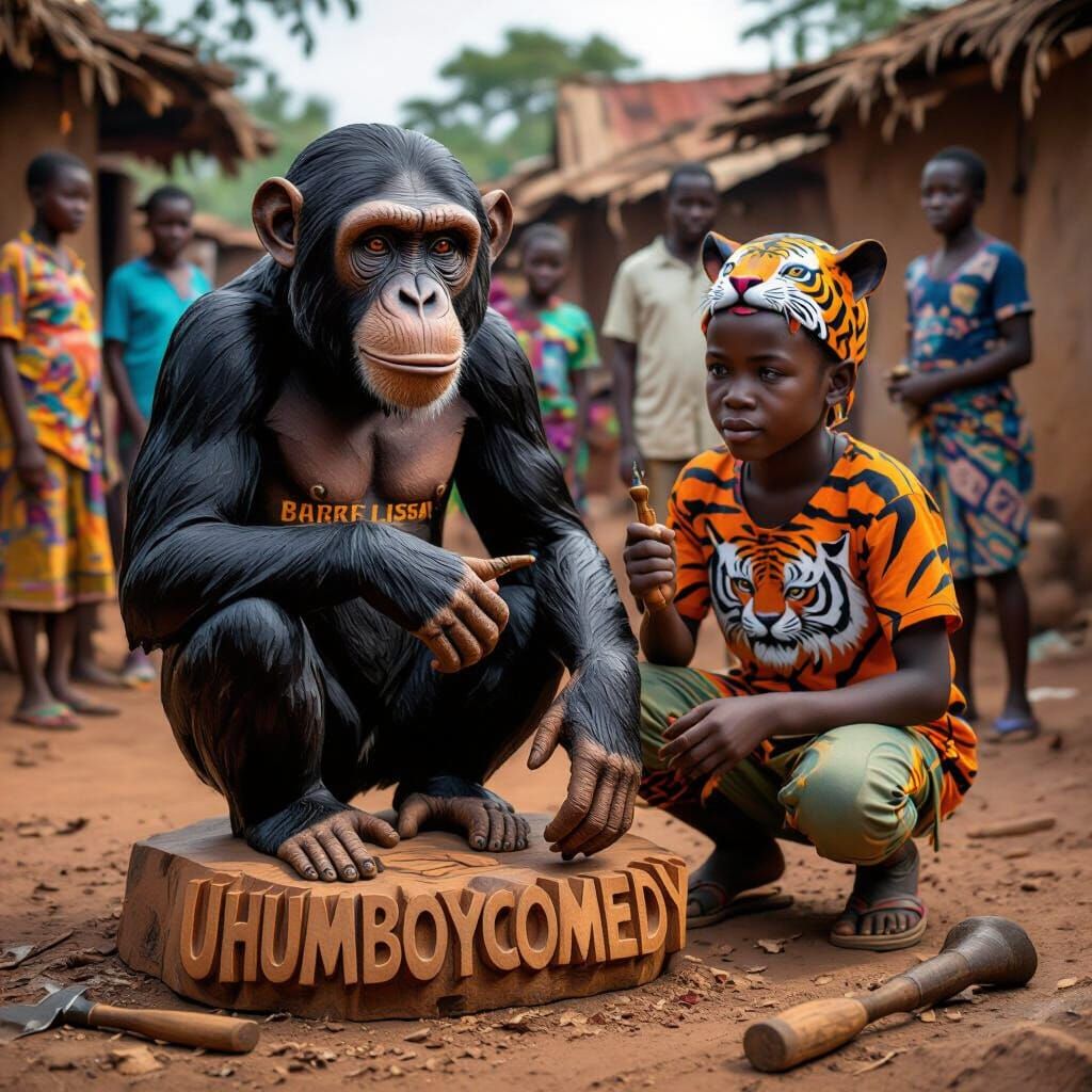 African Boy Carves Realistic Chimpanzee Sculpture