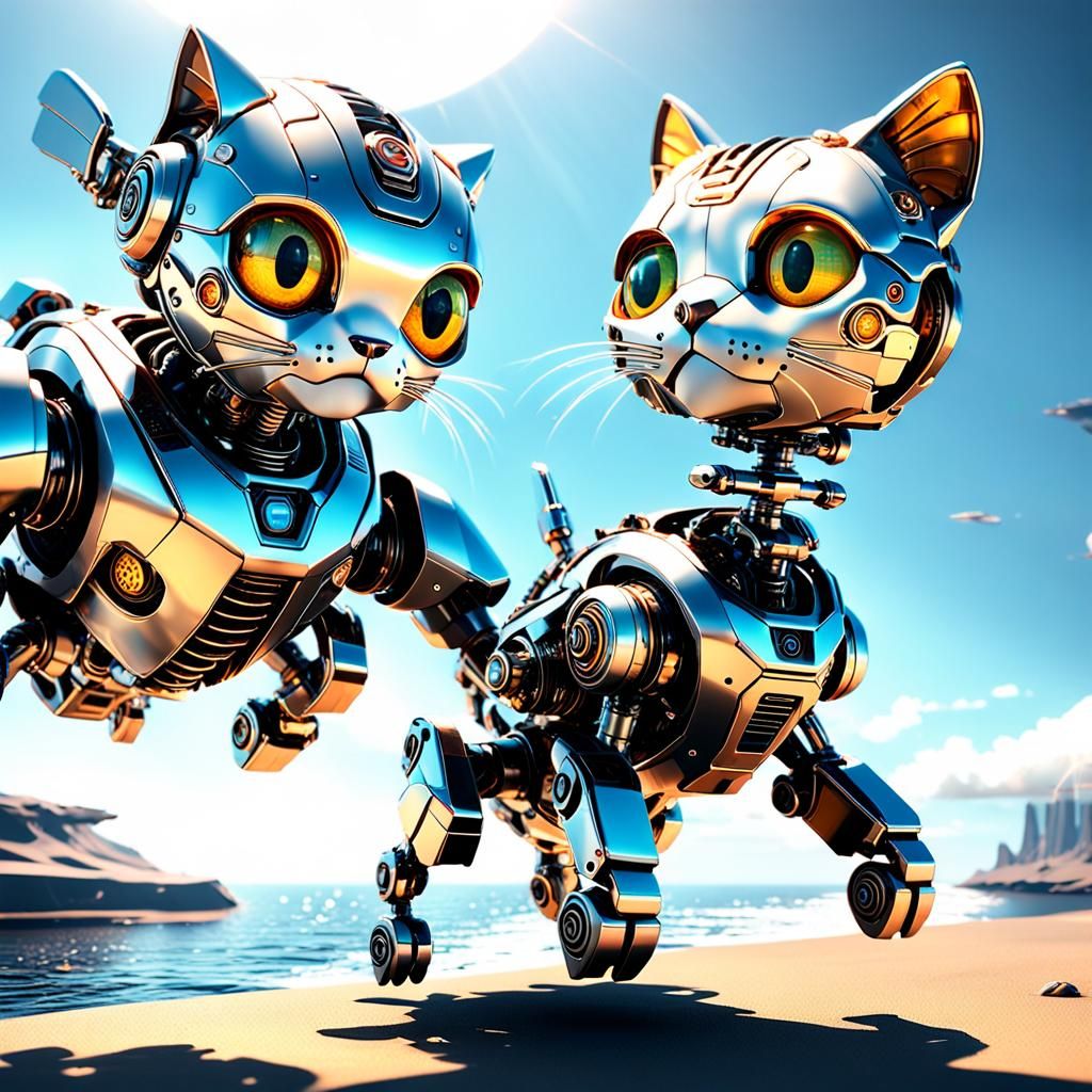 Cyborg Puppy and Android Kitten on Flying Saucer