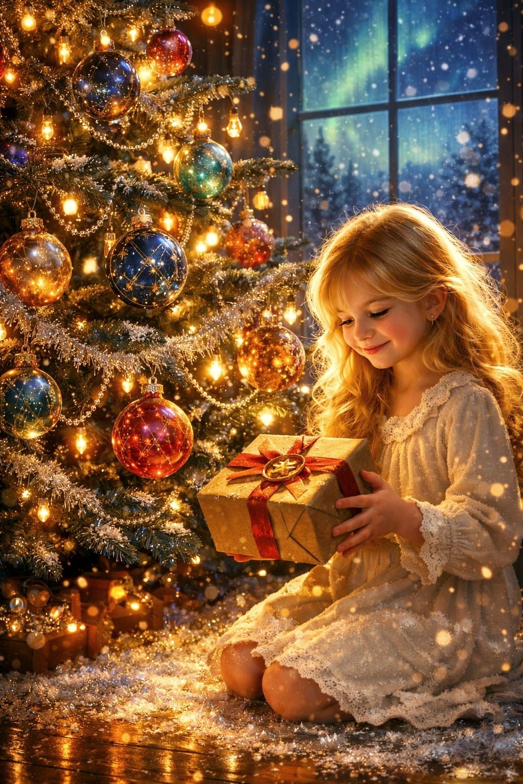 Enchanted Christmas Tree & Girl in Whimsical Fantasy Art