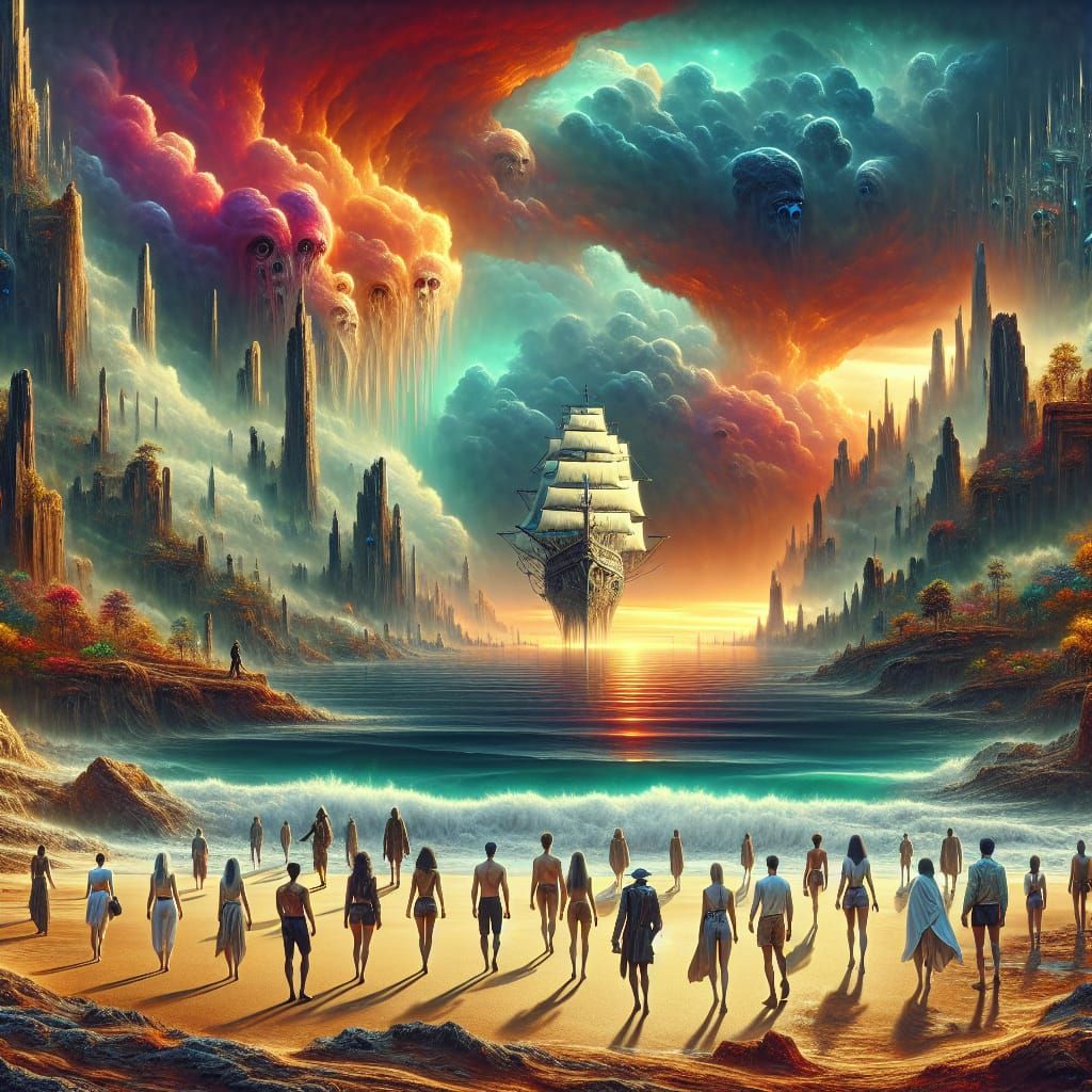 Hyper Realistic Scene of Diverse Figures on a Haunting Beach...