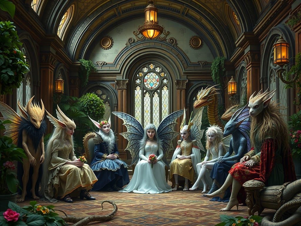 Mystical Gathering of Fae in Grand Ancient Court