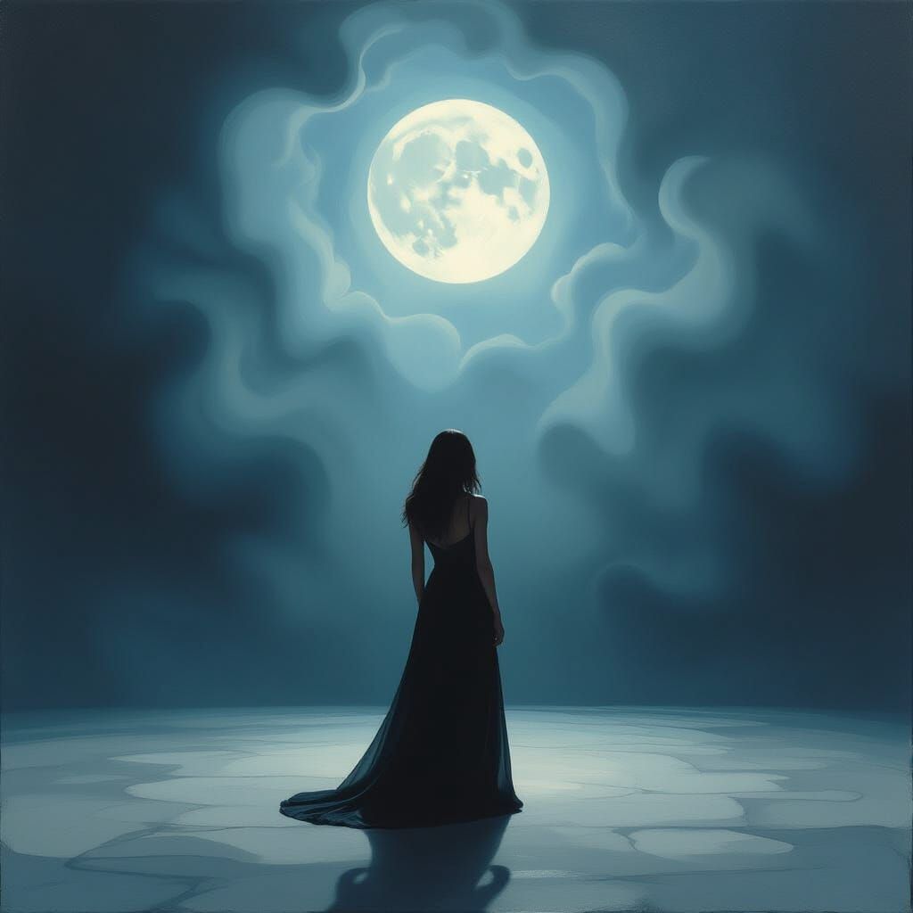 Melancholic Woman on Stage in Surrealist Oil Painting