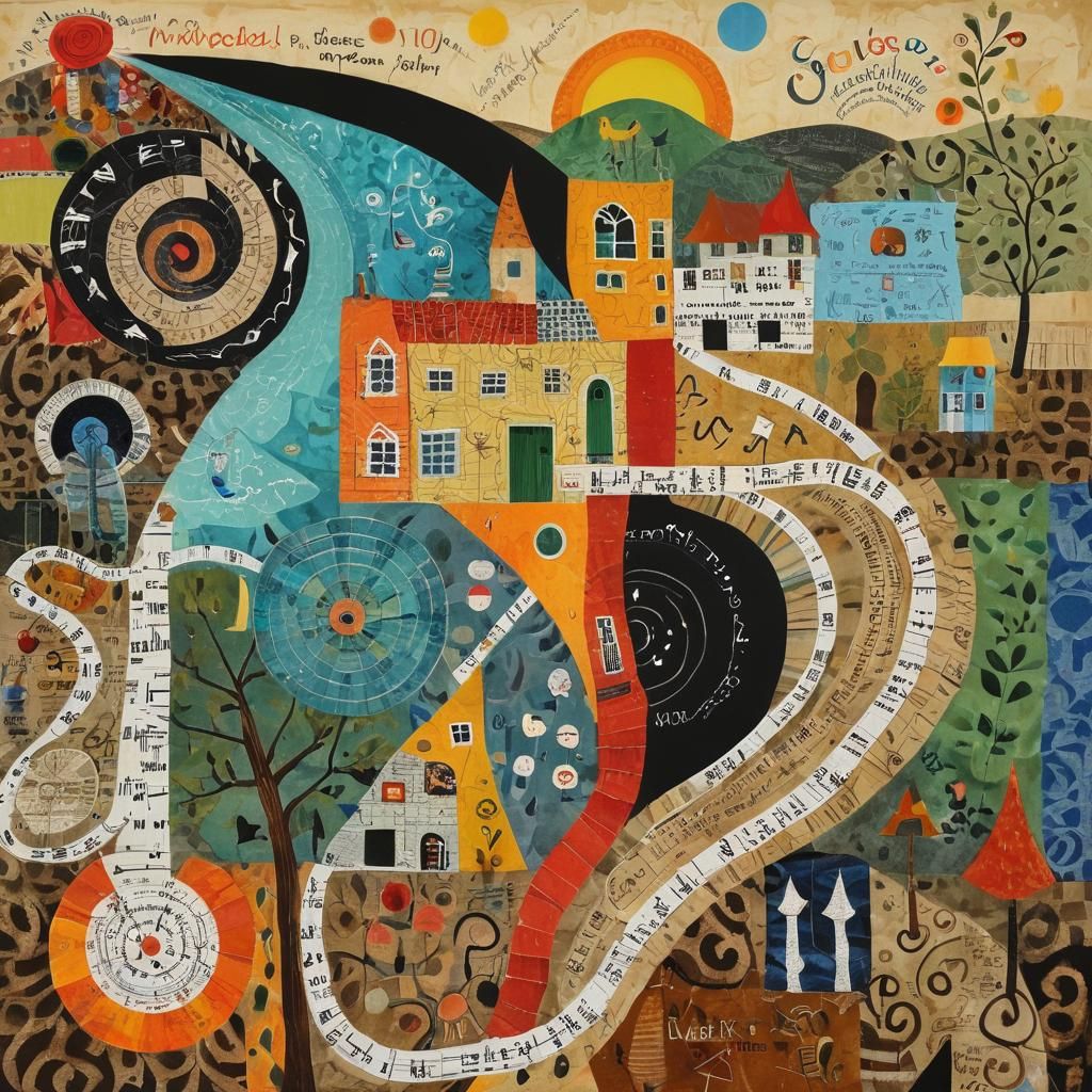 Whimsical Map Collage Painting in Mixed Media