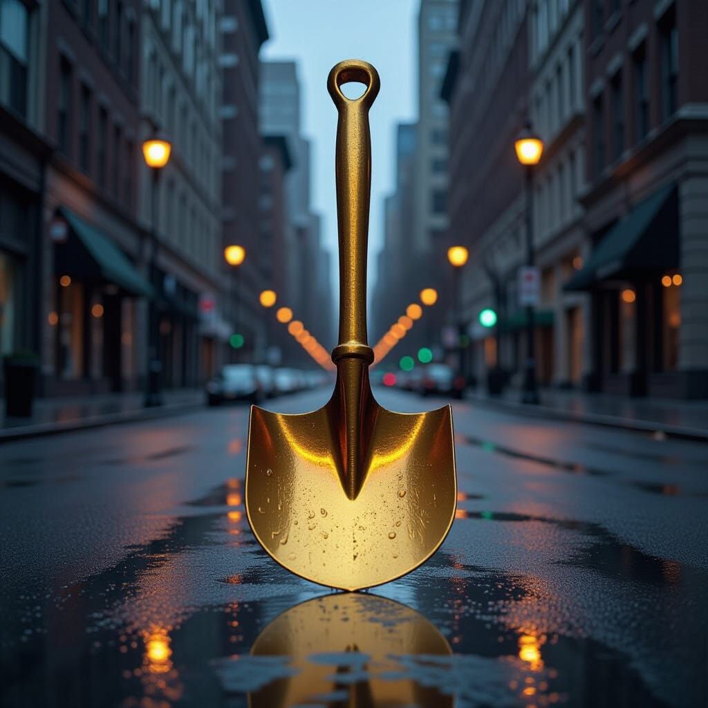 Giant Golden Shovel on Empty City Street