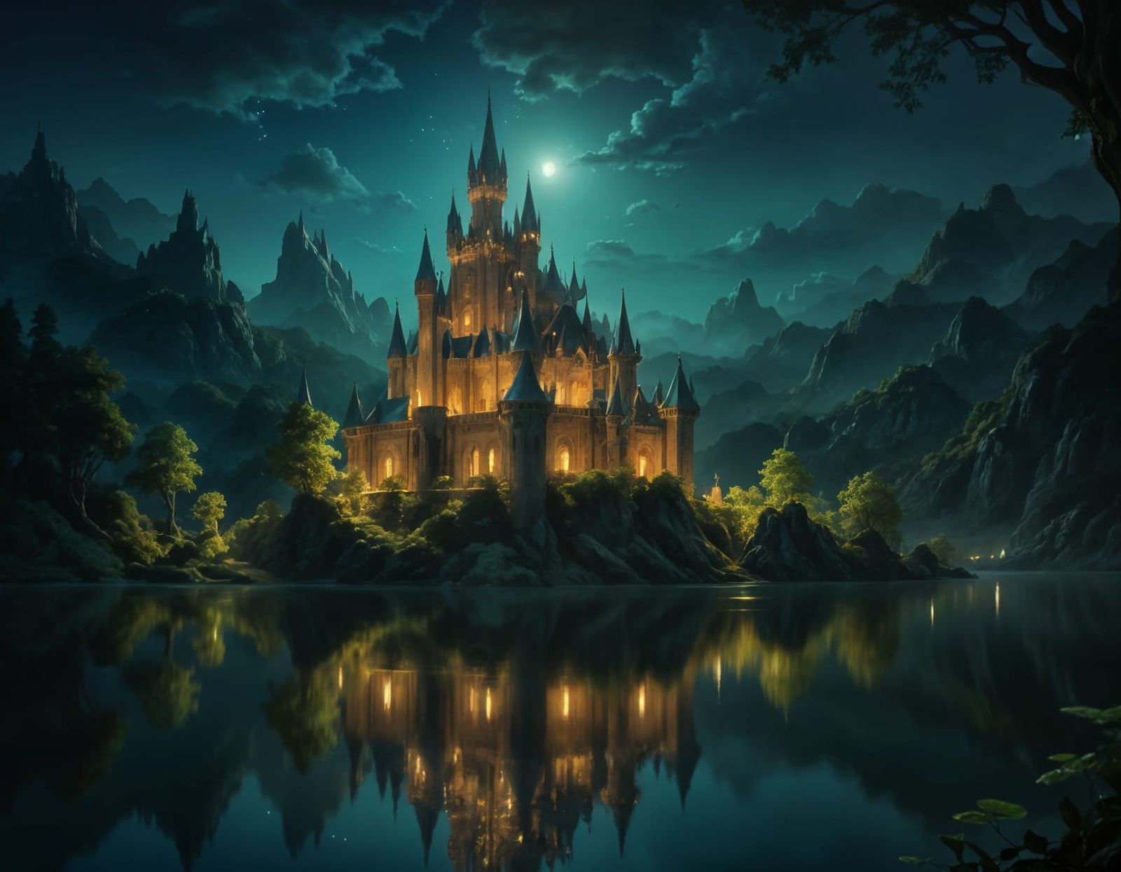 Elven Castle by Enchanted Lake in Oil Painting Style