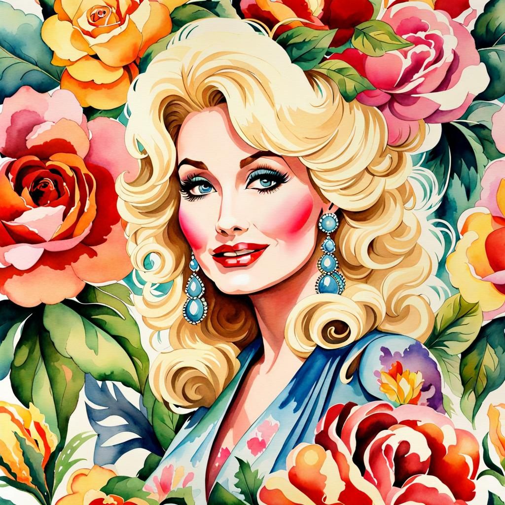 Dolly Parton in Romantic Watercolor Art Deco Style