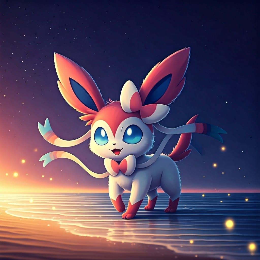 Cute Chibi Sylveon in a Dark Beach Scene