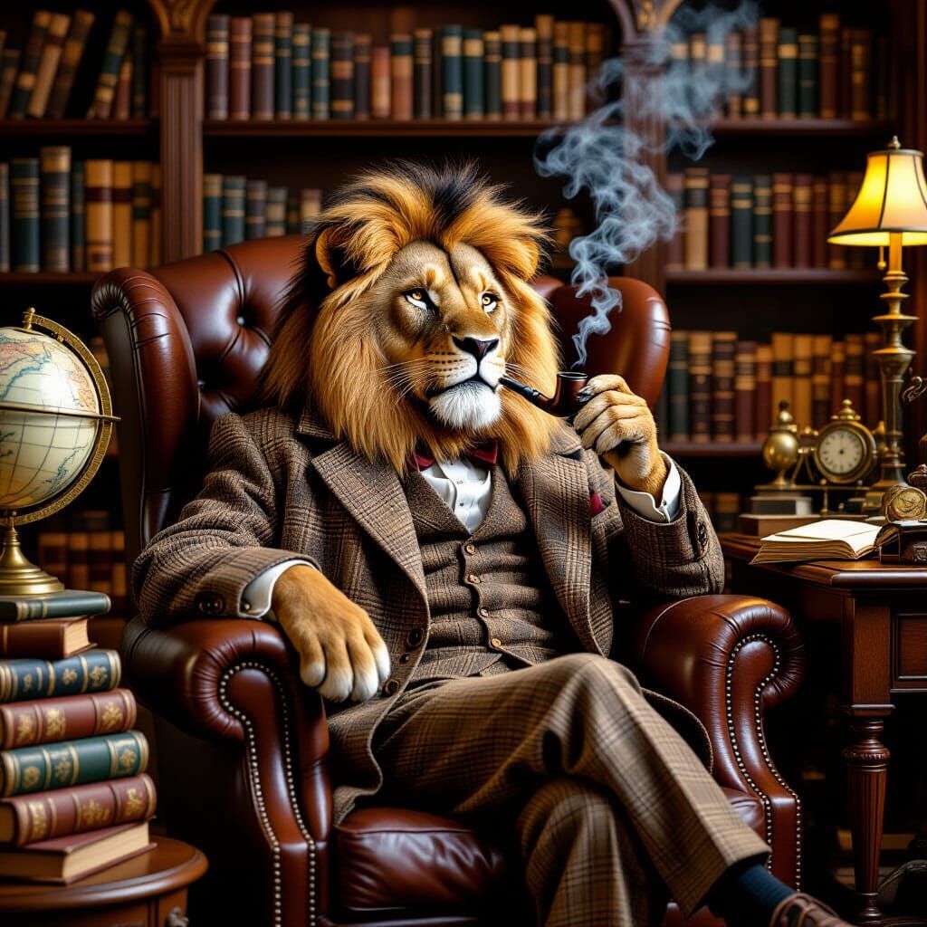 Steampunk Lion Gentleman in Cozy Study