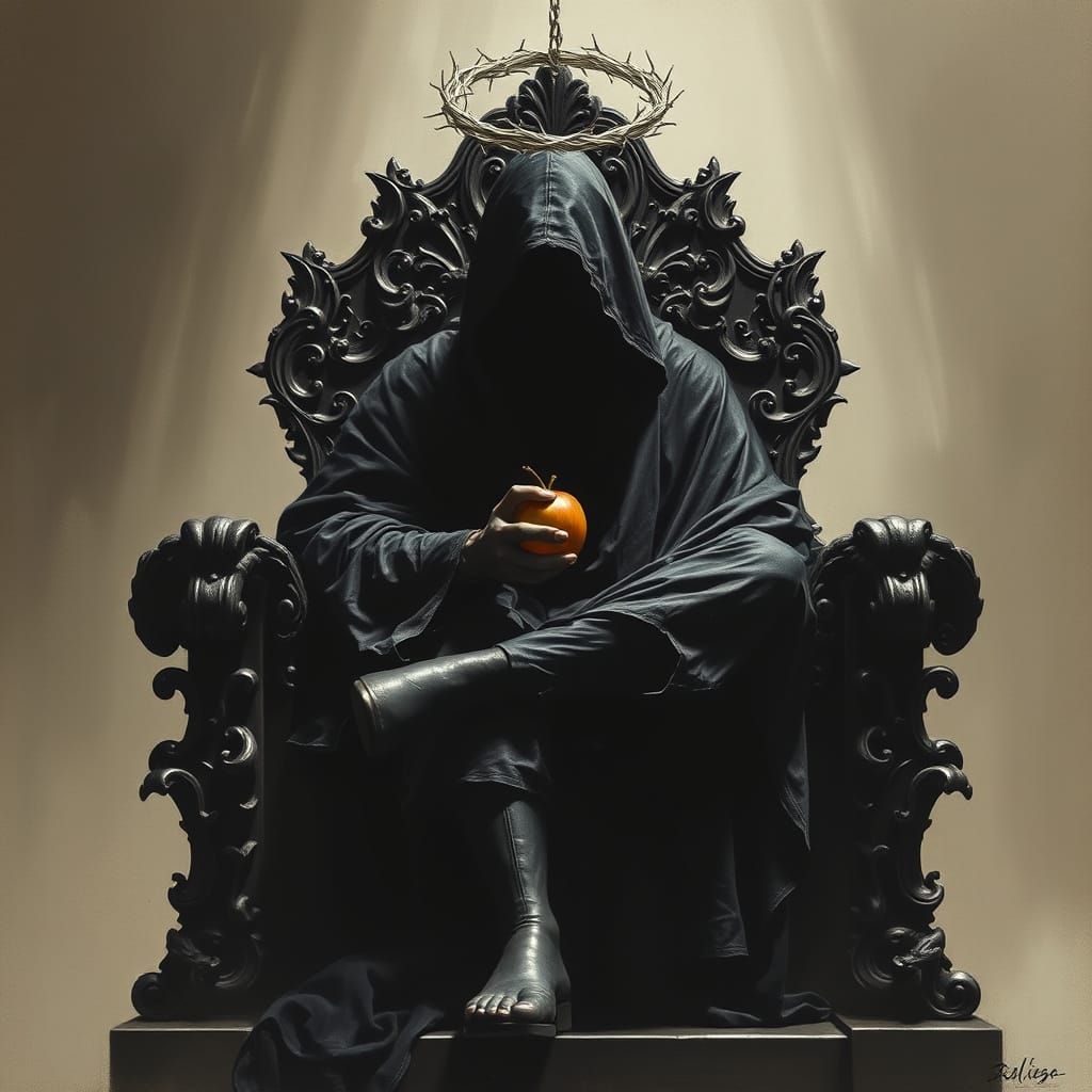 Dark Lord Seated on Black Iron Throne, Holding Golden Apple ...