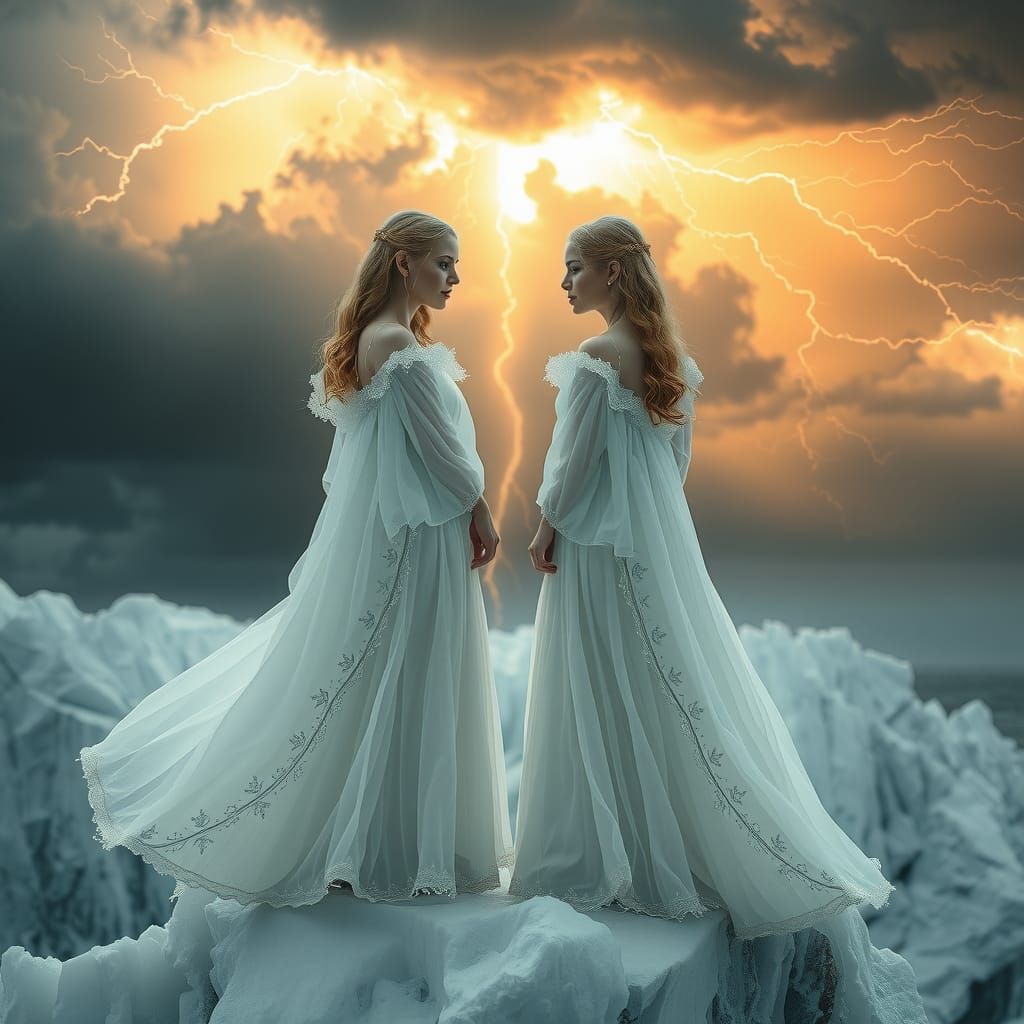 Icy Sirens Gaze Under Fiery Lightning