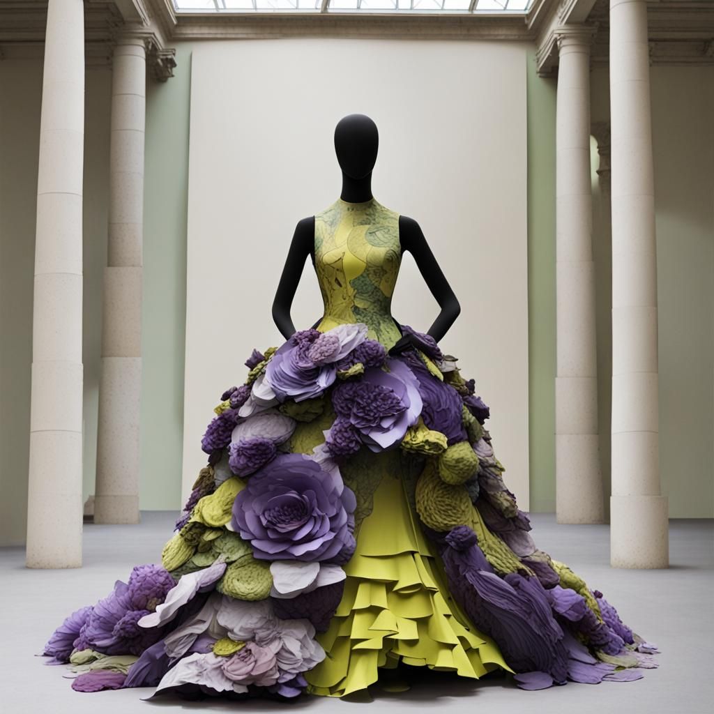 Ultra Fine Collage Art :: (One Long Flowing Layered Paper Collage Dress, 1:4) (Purple, Lavender, Chartreuse Green, 1:3) ...