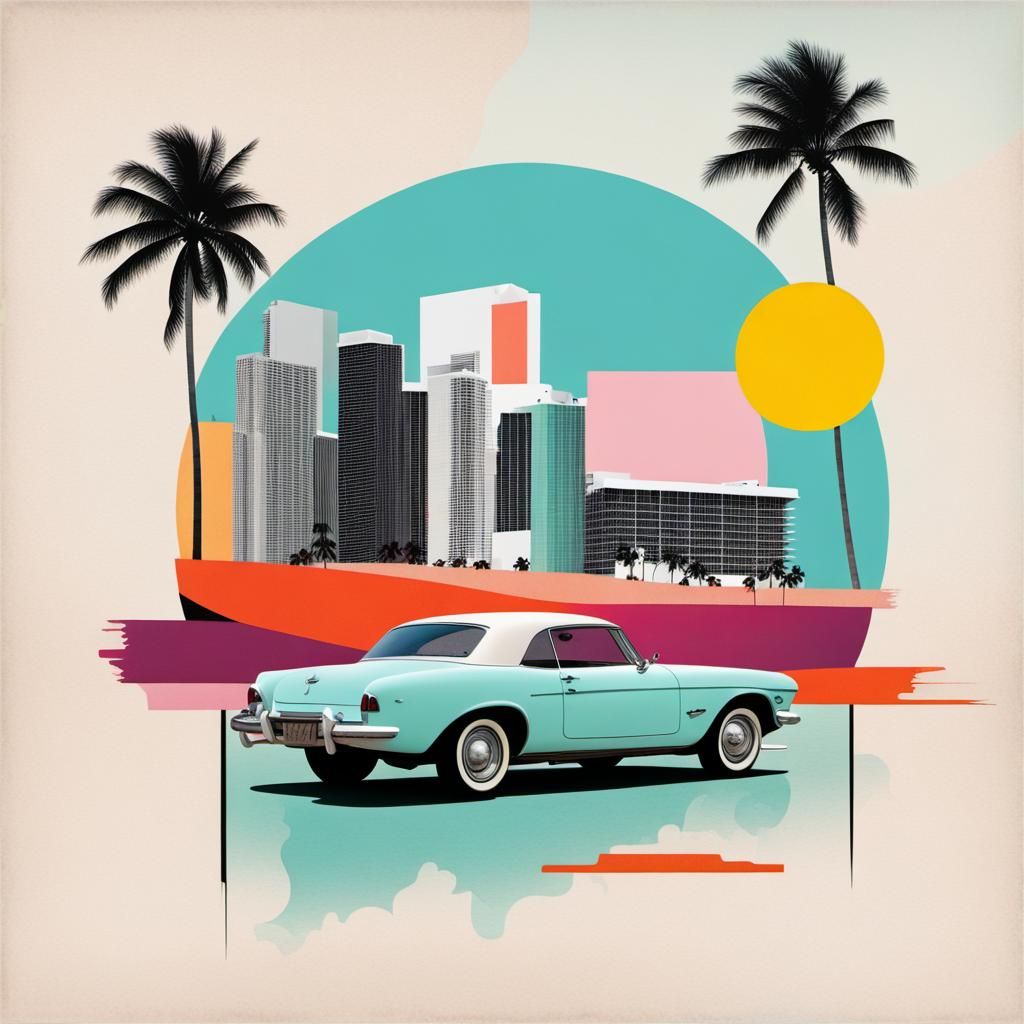 Colorful Abstract Collage of Miami in Mixed Media