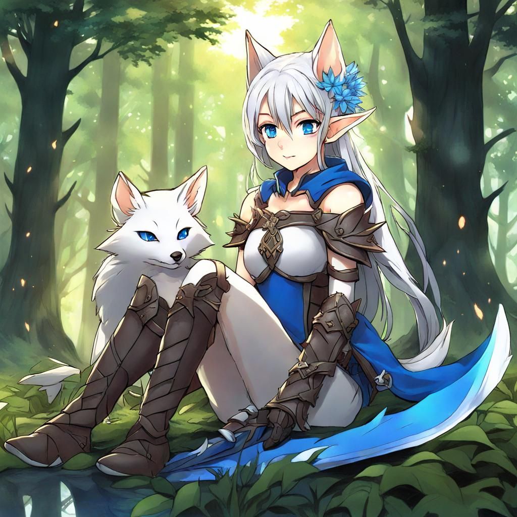 Anime Style Elf with Spirit Fox in Forest