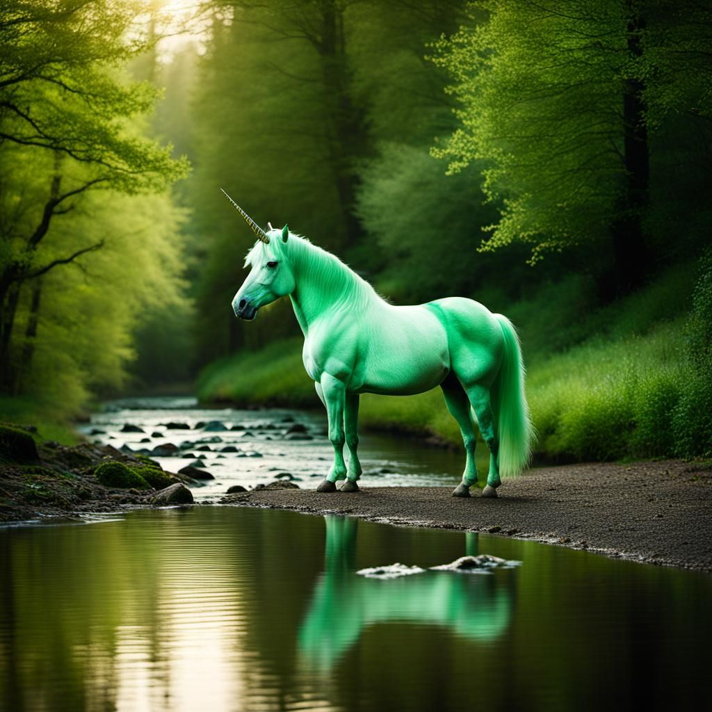 Mint Green Unicorn by Stream: Nature Photography