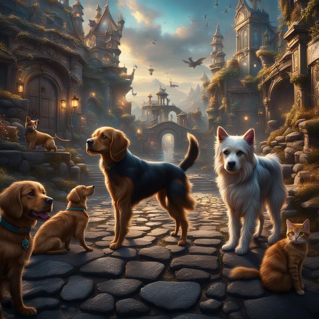 Fantastical Dogs and Cats in Detailed Matte Painting