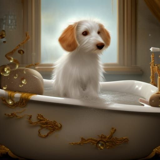 Fluffy Dachshund's Bubble Bath: Detailed Matte Painting