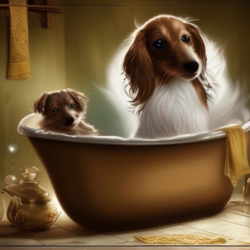 Fluffy Dachshund's Bubble Bath: Detailed Digital Art