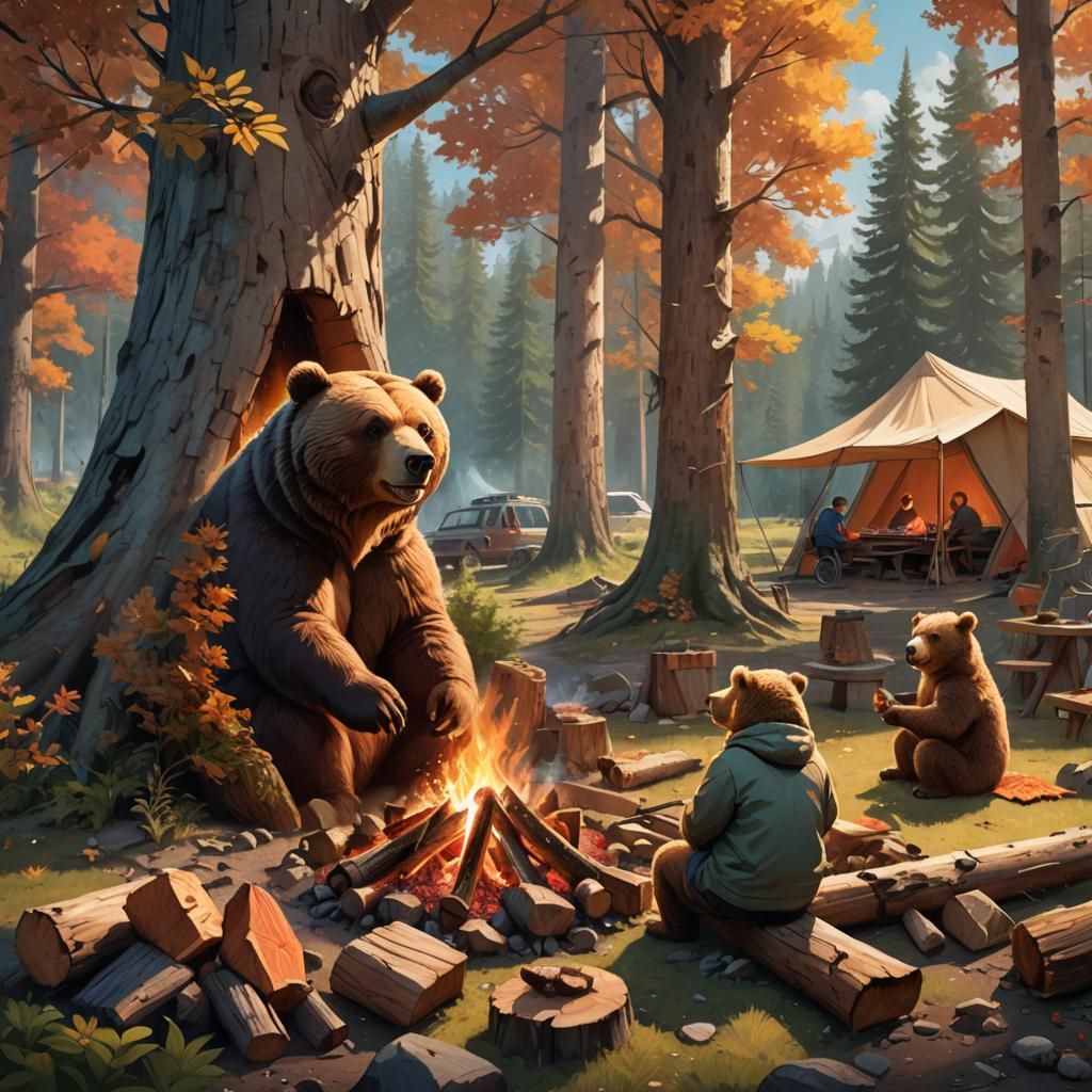 Cozy Campsite with Bear Family: Hyperrealistic Art