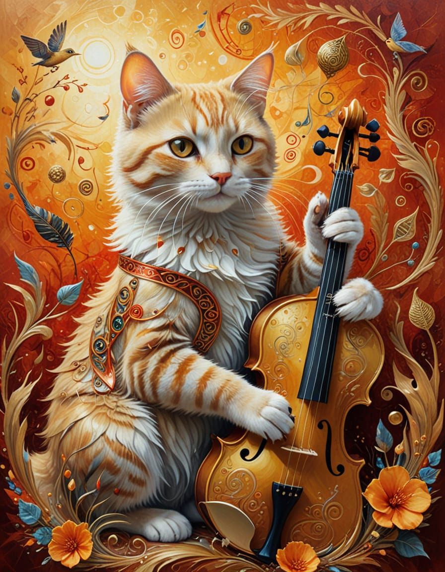 Surreal Musician Cat and Duckling Oil Painting
