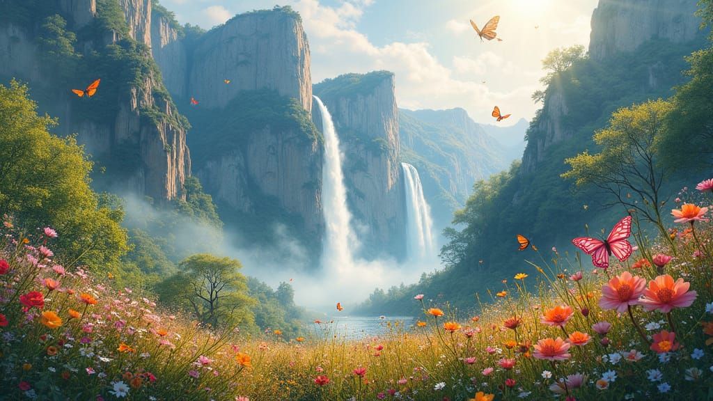 Lush Landscape with Waterfalls in Watercolor Style