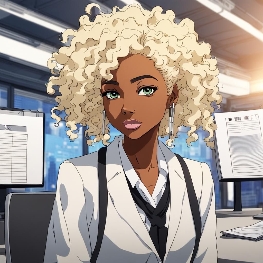 Ebony News Reporter in Vibrant Anime Style