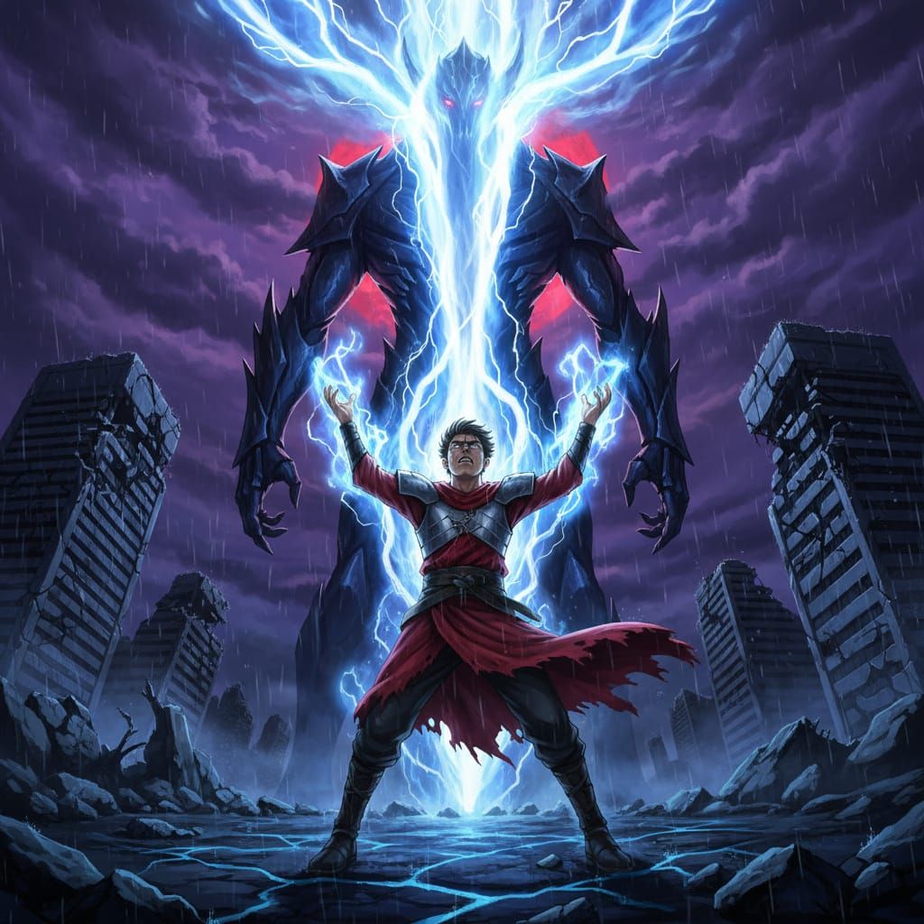 Anime Warrior Battles Shadow Titan in Wasteland