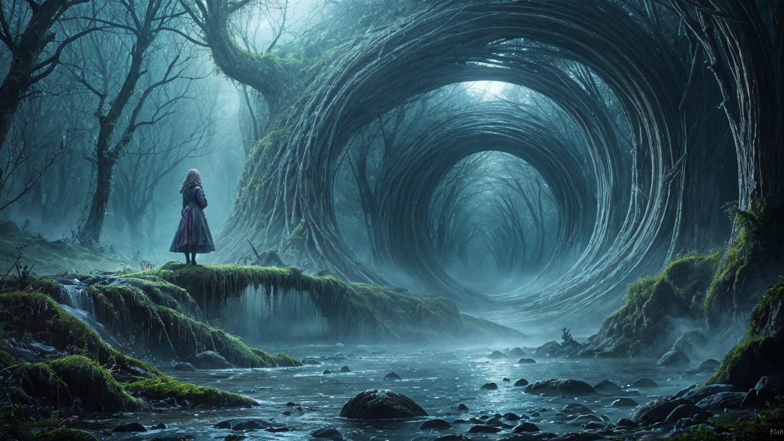 Mystical Figure Bridges Worlds in Surreal Digital Painting