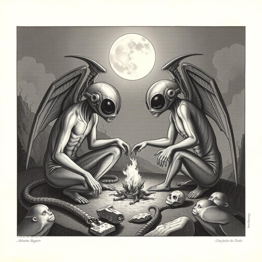 Aliens in Copperplate Engraving Style