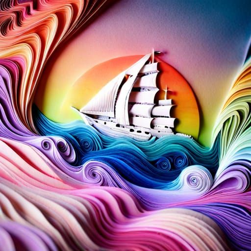 Intricate Papercraft Ship on Colorful Swirling Waves