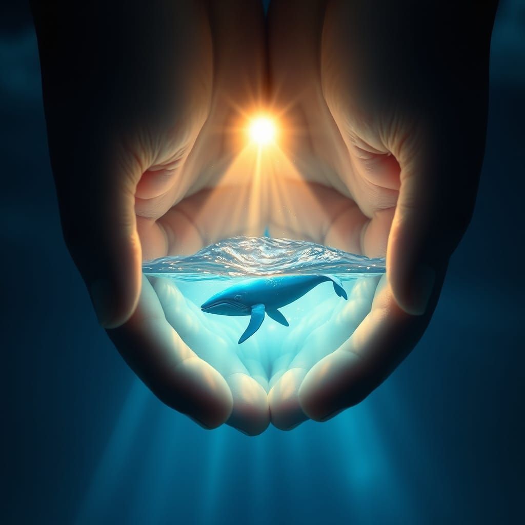 Cosmic Hands Cradling Ocean with Blue Whale