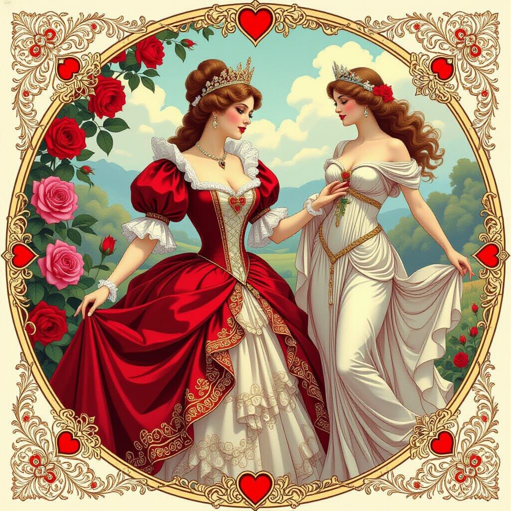 Queen of Hearts and Aphrodite in Dreamlike Rose Garden