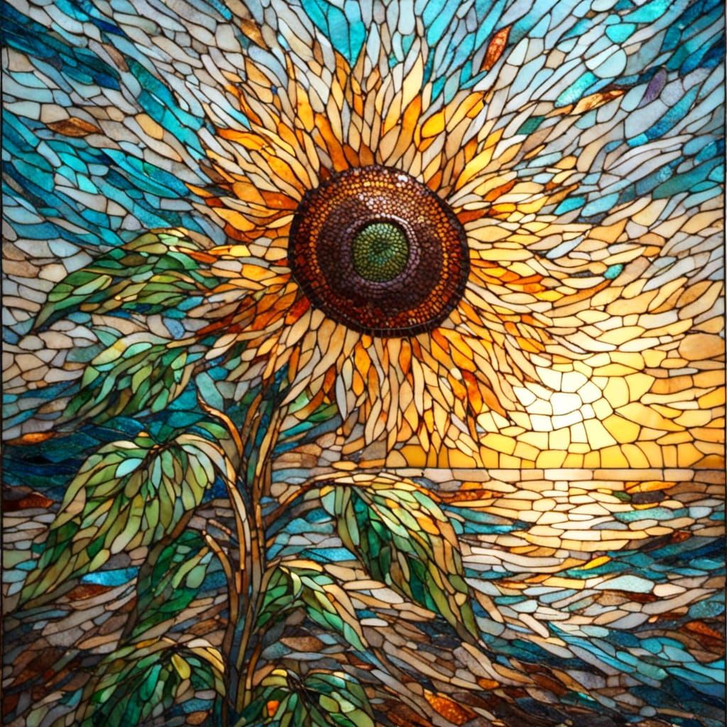 Stunning Stained Glass Mosaic Sunflower at Sunrise
