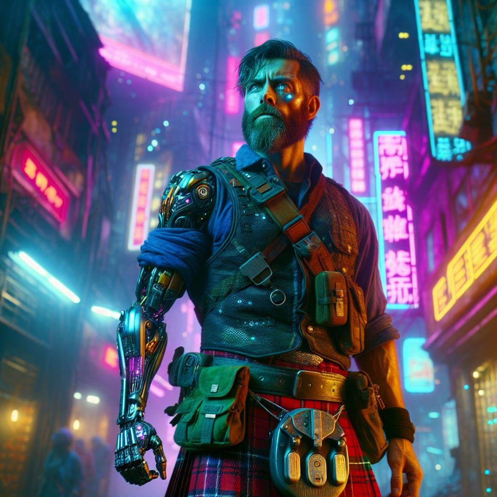 Cyberpunk Scotsman in Neon Dystopia