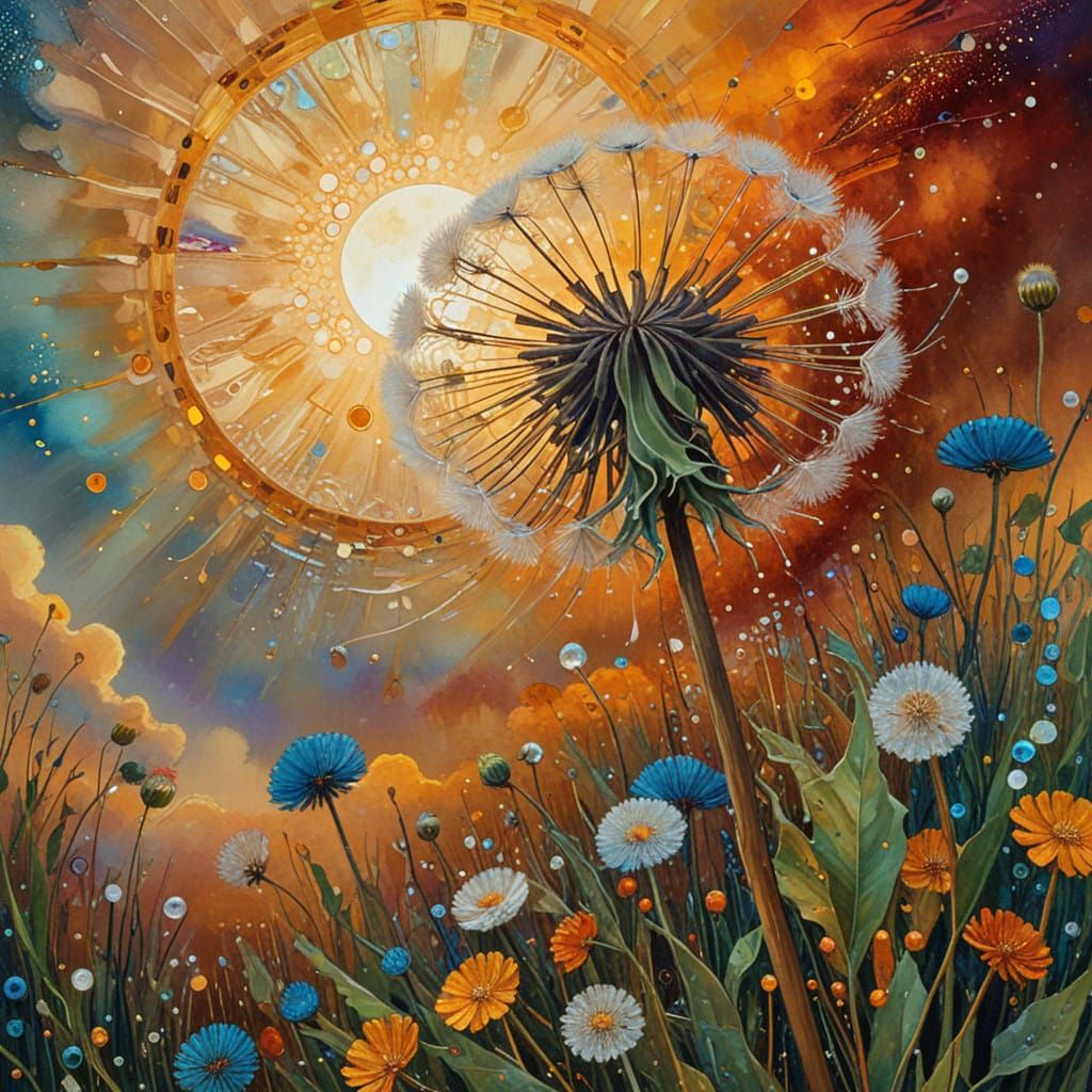 Vibrant Sunset Dandelion in Art Nouveau Style