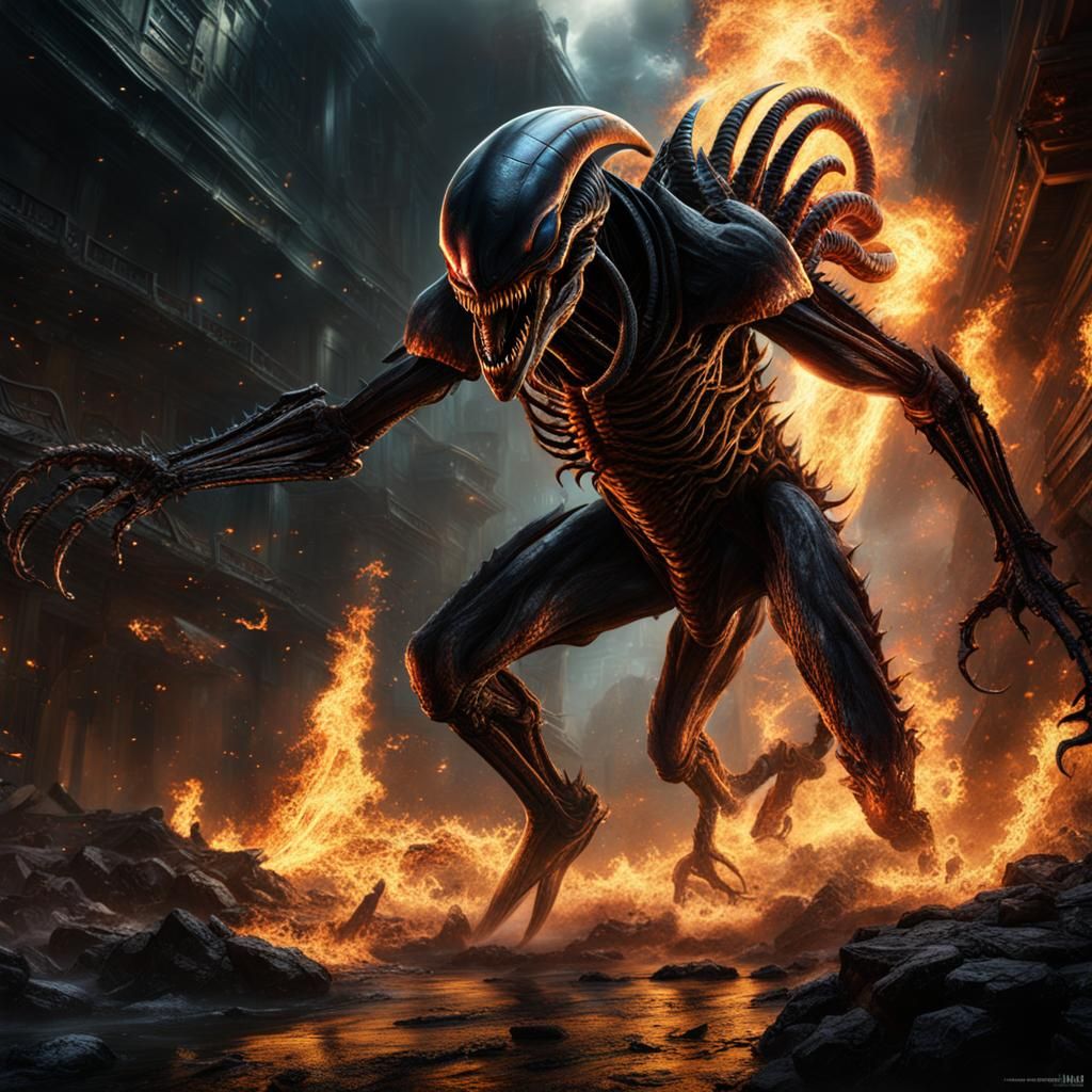 Xenomorph Attack Illustration in Detailed Matte Style