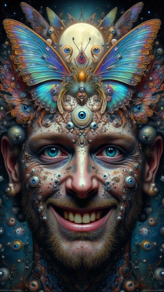 Man's Face Fractured into Butterfly Wings with Eyes