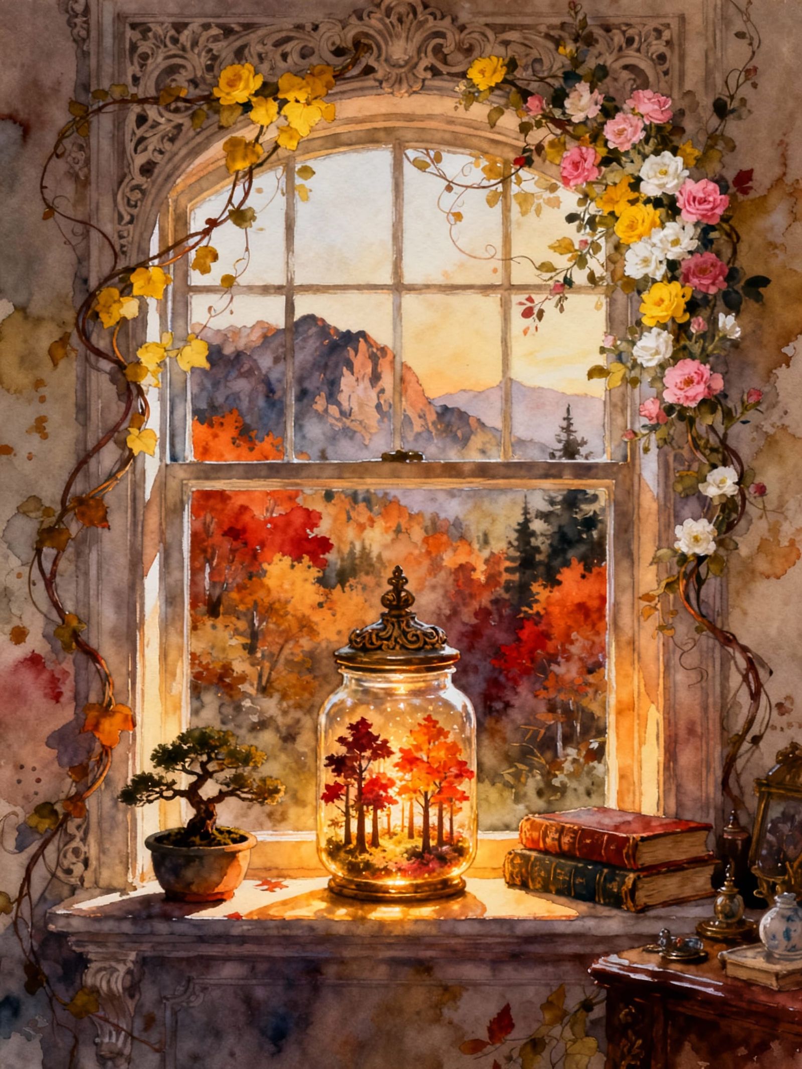 Victorian Autumn Forest Scene in Antique Glass Jar