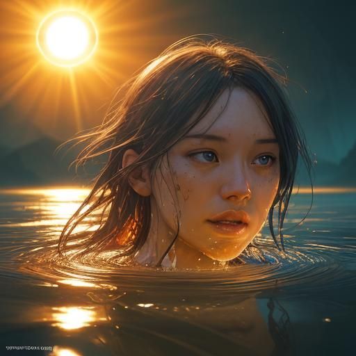 Sun Reflecting in Lake: Hyperrealistic Splash Art