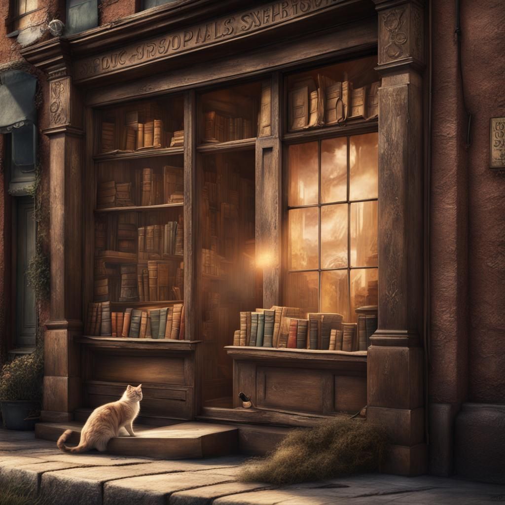 Fluffy Cat Napping in Old Book Shop Window