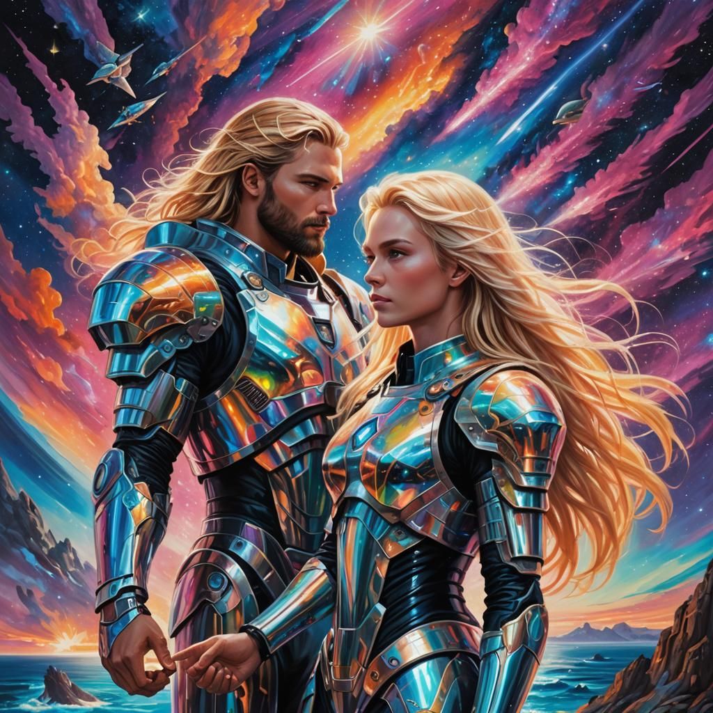 Astral Couple in Futuristic Armor Overlooking Ocean