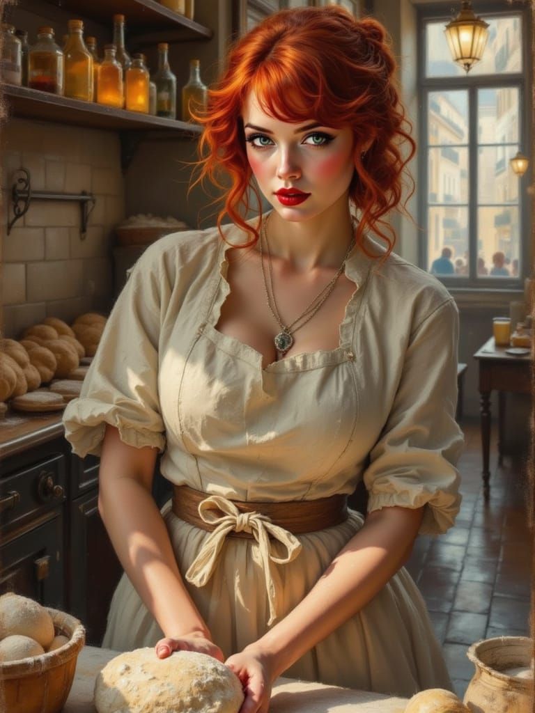 1500s Redhead Baker Kneading Dough in Bustling Kitchen