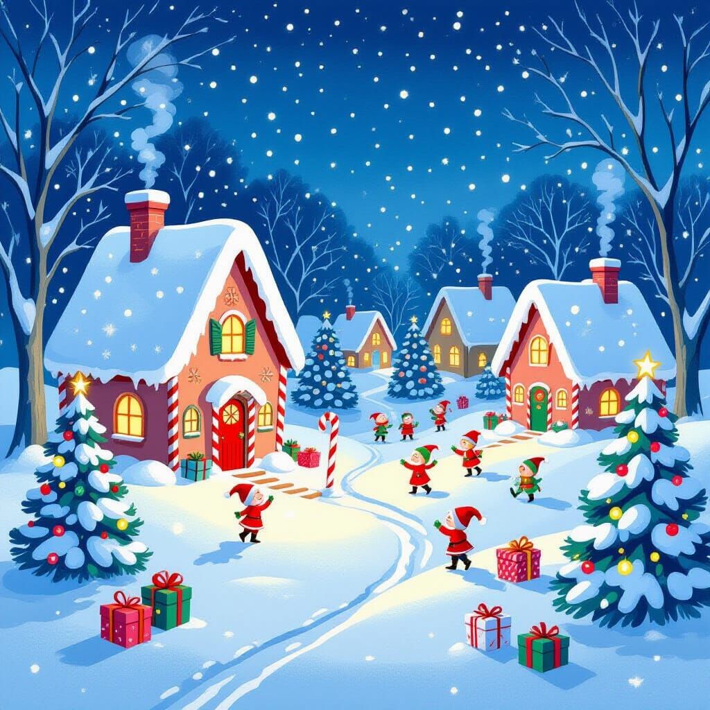 Whimsical Candy Cane Village With Glowing Trees And Elves