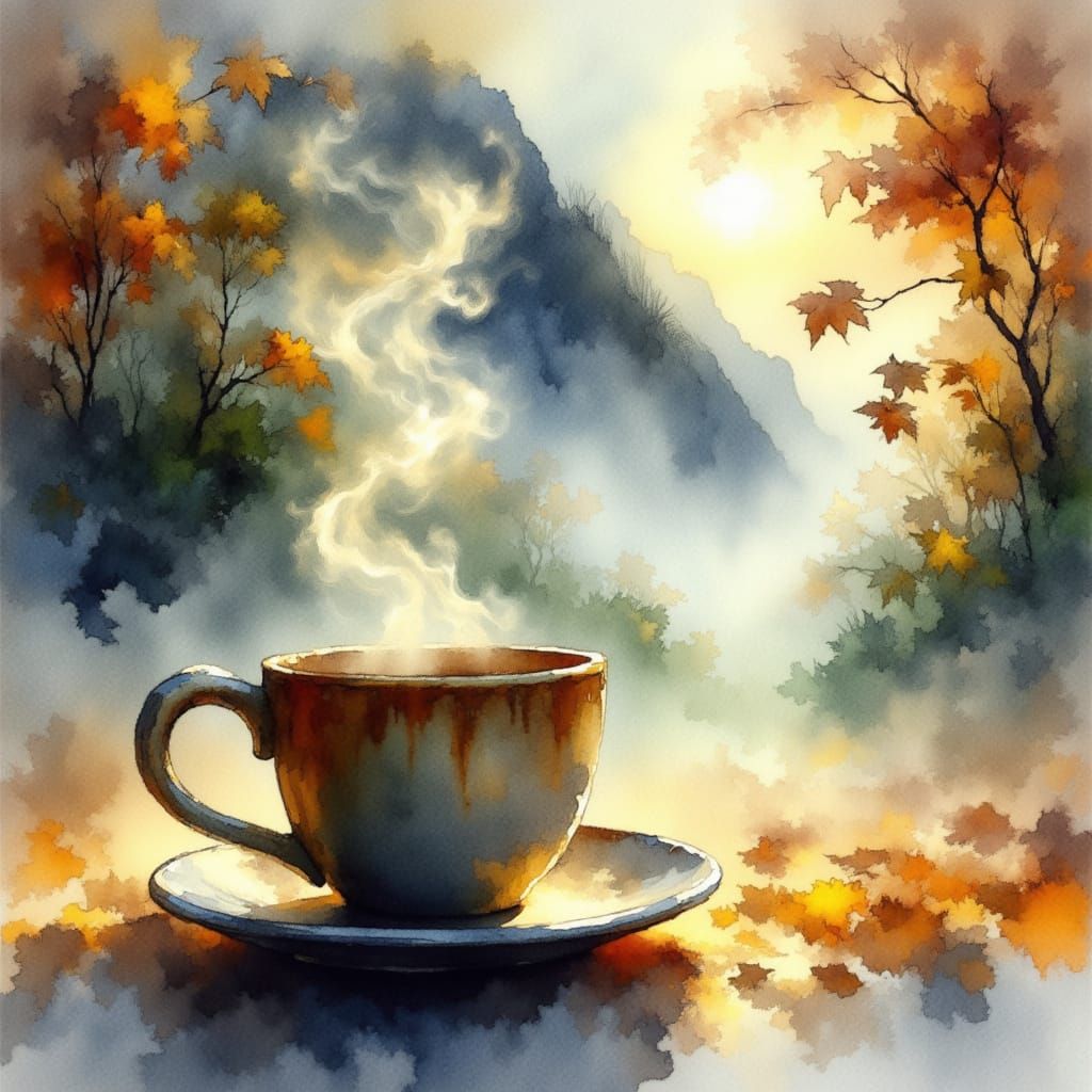 Steaming Coffee in Misty Autumn Landscape