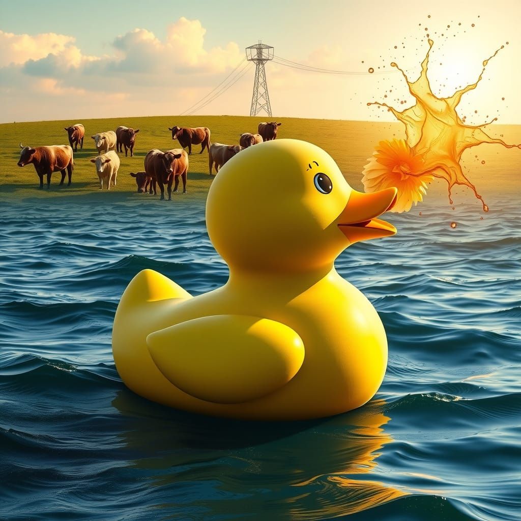 Gigantic Rubber Duck Admires Emerald Pasture