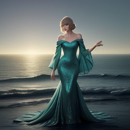 Ethereal Aqua Goddess in Moonlit Coastal Scene