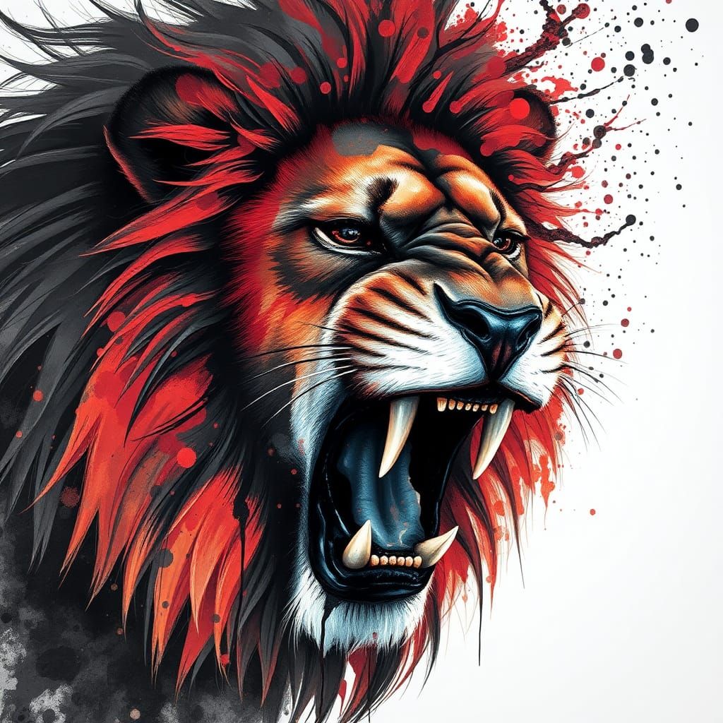 Abstract Ink Splatter Portrait of a Roaring Lion