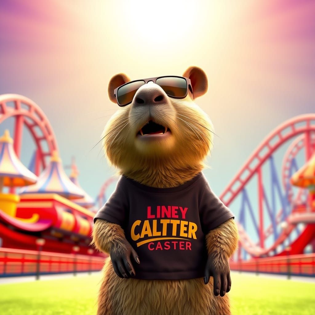 Happy Capybara at Theme Park in Pixar Style