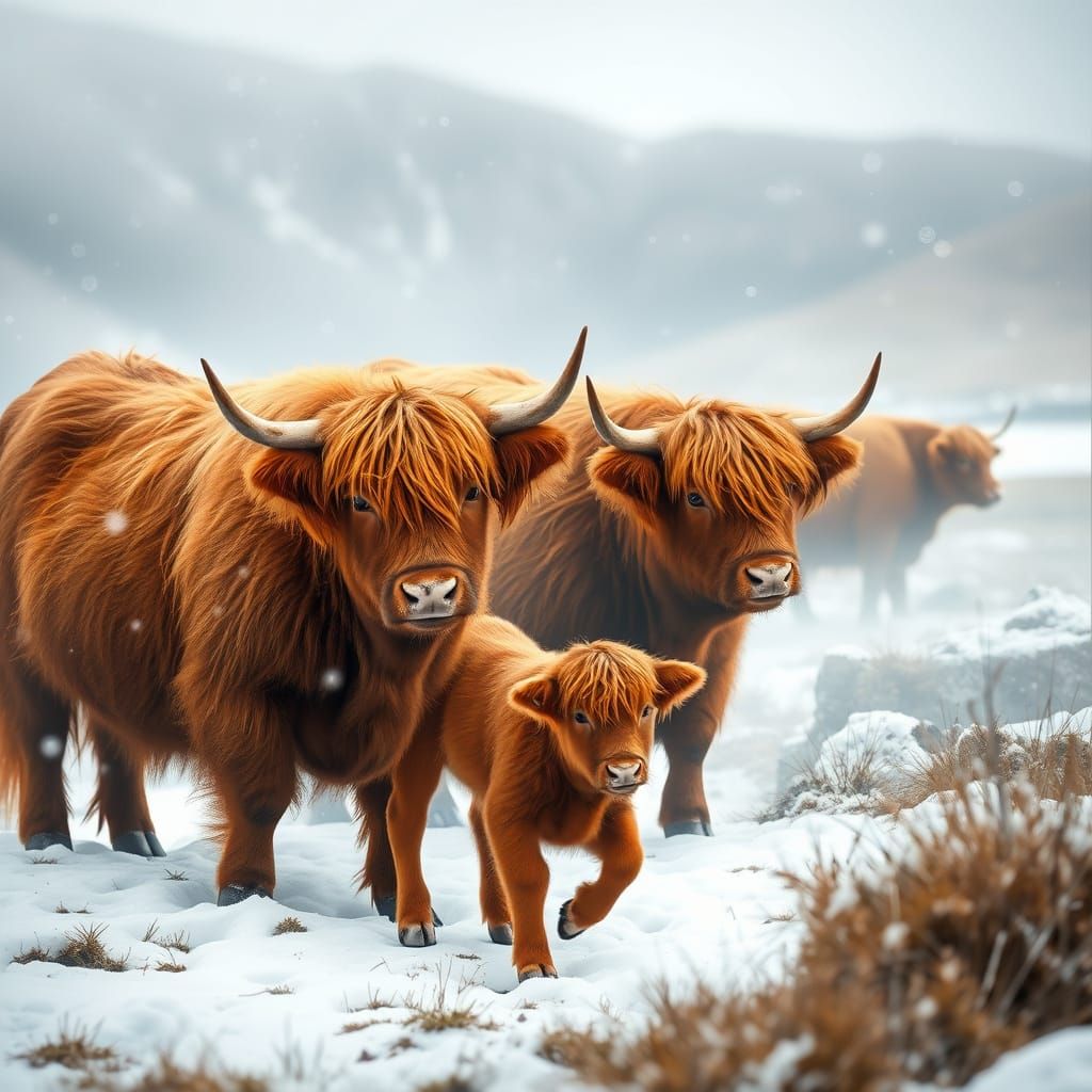 Majestic Scottish Highland Cows in Winter Wonderland