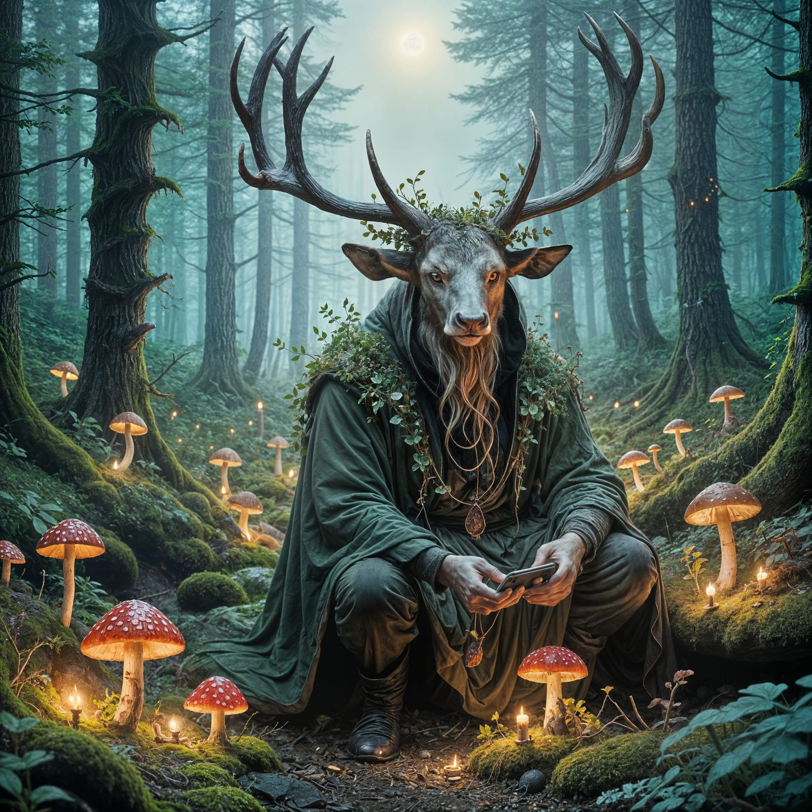 Mythical Forest Creature Scrolls Phone Under Moonlight